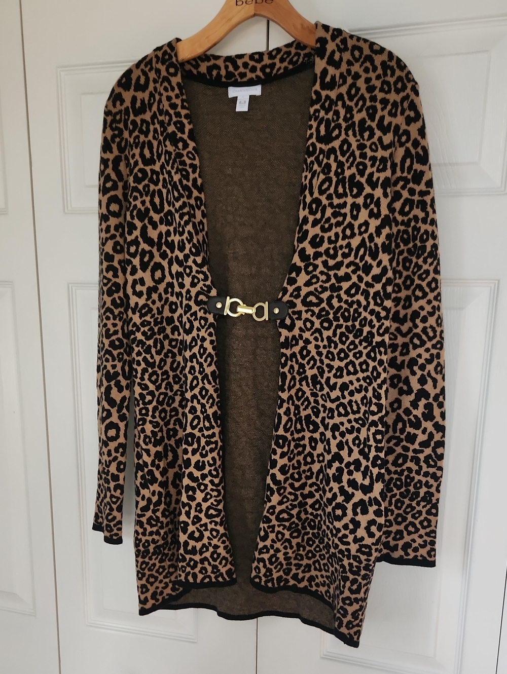 Charter Club Leopard Print Cardigan with Gold Buckle - Brown/Black